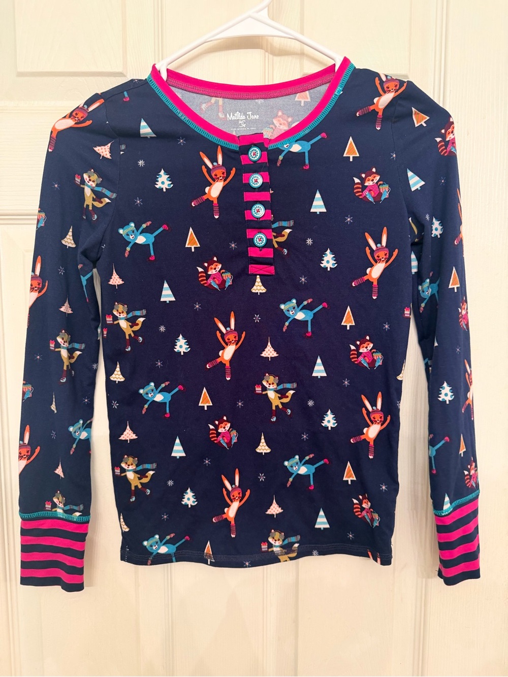 Matilda Jane “On The Ice” Navy Long-Sleeve Henley with Multicolor Winter
